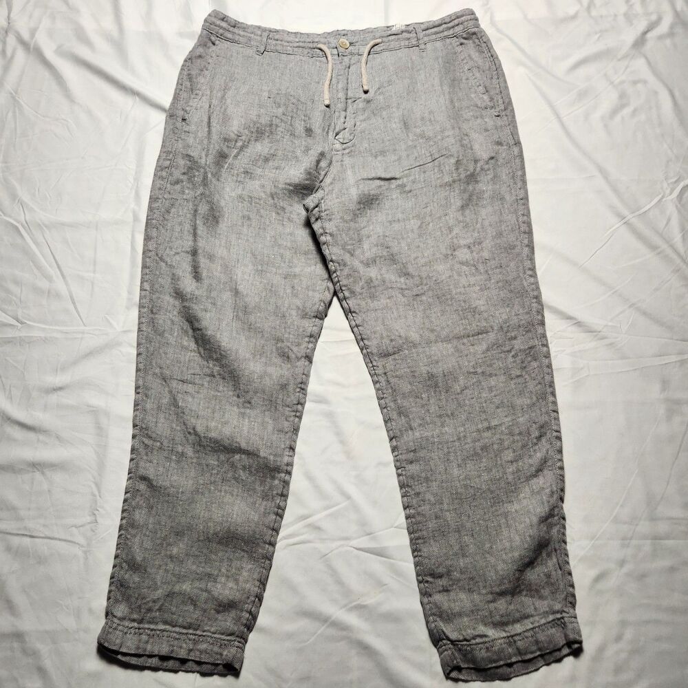 Zara Mens 35x27 Linen Drawstring Zip Button Pants Grey Tapered Trousers Luxury